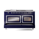 Midnight blue range with chrome-trimmed oven doors and top burner control row