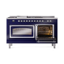 Midnight blue range with left oven door open, showing interior racks and fan