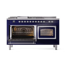 Midnight blue range with both oven doors open and chrome-trimmed oven frames