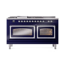 Midnight blue dual-fuel range with chrome trim, two lit oven windows, and burner knobs