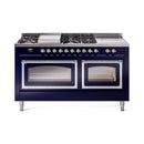 Midnight blue dual-fuel range with chrome trim, two oven doors, and control knobs