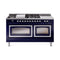 ILVE Nostalgie II Noblesse 60-Inch 5.8 Cu. Ft. Dual Oven Natural Gas Dual Fuel Range with 7 Burners, Griddle, French Top and Triple Glass Door in Midnight Blue with Chrome Trim (UN60FSNMPMBC)