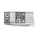 Midnight blue dual fuel range with open cooktop grates and burners, chrome trim