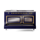 Midnight blue ILVE dual fuel range with dual oven windows and brass-trim handles