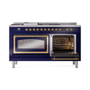 Midnight blue ILVE dual fuel range with one oven door open, brass interior trim
