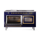 Midnight blue ILVE range with both oven doors open, racks inside, brass-trim frames