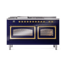 Midnight blue ILVE dual fuel range with two oven windows and brass trim, doors closed