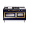 ILVE Nostalgie II Noblesse 60-Inch 5.8 Cu. Ft. Dual Oven Propane Gas Dual Fuel Range with 7 Burners, Griddle, French Top and Triple Glass Door in Midnight Blue with Brass Trim (UN60FSNMPMBGLP)