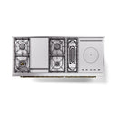 ILVE dual fuel range with French top and multiple burner sections, underside view, brass accents