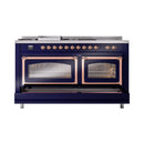 Midnight blue dual fuel range with two closed oven doors, copper trim accents