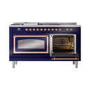 Midnight blue range with copper trim, left oven door closed and right oven door open