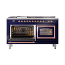 Midnight blue dual fuel range with left oven open and right oven open