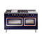 ILVE Nostalgie II Noblesse 60-Inch 5.8 Cu. Ft. Dual Oven Propane Gas Dual Fuel Range with 7 Burners, Griddle, French Top and Triple Glass Door in Midnight Blue with Copper Trim (UN60FSNMPMBPLP)