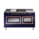 Midnight blue dual fuel range with two lit oven windows and copper trim