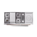 Midnight blue dual-fuel range with copper knobs, griddle, and burner layout, top view