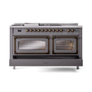 Matte graphite dual fuel range with bronze knobs and two oven windows, straight-on