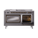 Matte graphite dual fuel range with both oven windows visible and left oven open