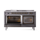 Matte graphite dual fuel range with left and right ovens open, racks and interior visible