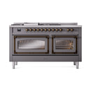 Matte graphite dual fuel range front with two glass oven doors and burner control knobs