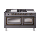 Matte graphite dual fuel range with bronze knobs and two oven doors, front view