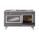 Dual fuel range with right oven door open, showing racks and rear heating elements