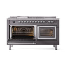 Dual fuel range with left oven door open, showing racks and glowing heating elements