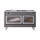 Matte graphite dual oven range with two glass viewing windows and chrome trim