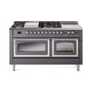 60-inch dual fuel range in matte graphite with chrome-trimmed double oven doors