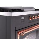 Matte graphite dual fuel range control panel with copper knobs and triple oven doors