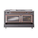 Matte graphite dual fuel range with two closed oven windows and copper-trimmed handles