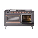 Matte graphite range with copper-trimmed knobs and one oven door open