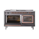 Matte graphite dual fuel range with both oven doors open and copper trim