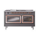 Matte graphite range with copper-trimmed knobs and two oven windows with burners above