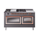 Matte graphite dual fuel range with copper-trimmed control knobs and two oven doors