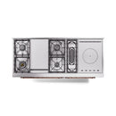 Matte graphite dual fuel range with exposed burner layout and griddle/french top sections