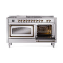 Stainless steel range with dual ovens, left window open, bronze-trimmed door frames