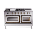 Stainless steel dual-fuel range with griddle and French top, bronze knobs, two ovens