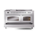 Stainless steel dual-oven gas range with two glass doors and chrome-trimmed control knobs