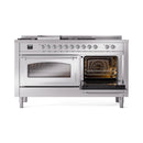 Stainless steel dual fuel gas range with one oven door open showing interior racks and heating coil