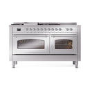 Stainless steel dual fuel gas range with two clear oven windows and chrome-trimmed doors