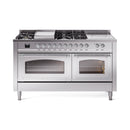 Stainless steel dual fuel gas range with chrome trim, 7 burners, and two triple-glass oven doors