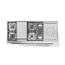 Stainless steel gas range underside view showing burner compartments and cooktop layout