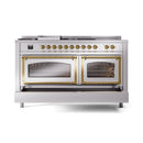 Stainless steel dual fuel range with two glass oven windows and brass door frames