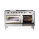 Dual fuel range with right oven door open, showing oven racks and interior cavity
