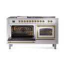 Stainless steel dual fuel range with both ovens open and brass-trimmed doors