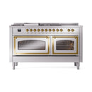 Stainless steel dual fuel range front with two glass oven doors and brass trim
