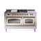 ILVE Nostalgie II Noblesse 60-Inch 5.8 Cu. Ft. Dual Oven Natural Gas Dual Fuel Range with 7 Burners, Griddle, French Top and Triple Glass Door in Stainless Steel with Brass Trim (UN60FSNMPSSG)