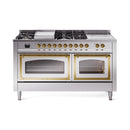Stainless steel dual fuel range with brass-trimmed double oven doors and control knobs