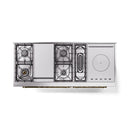 Stainless steel cooktop section with exposed burners and control knobs