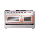 Stainless steel dual fuel range front with two oven doors and copper trim
